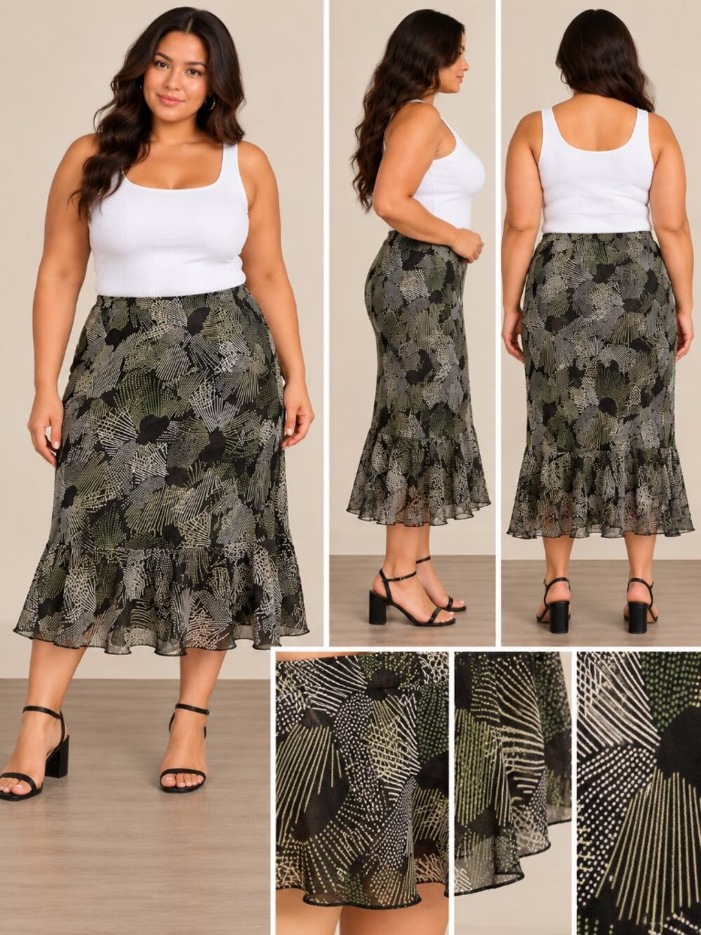 Tradition Size 18 Abstract Floral Ruffle Midi Skirt – Made in Canada
